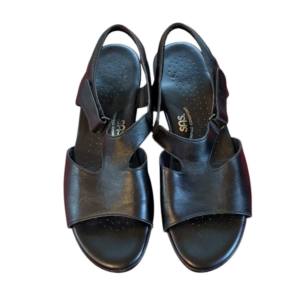 SAS Tripad Comfort Black Leather Slingback Sandals Adj Strap Block Heel 11